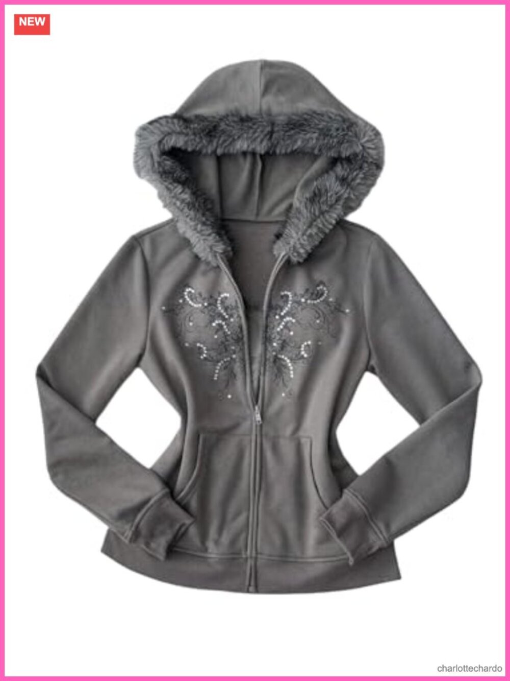 Rhinestone Zip Up Fuzzy Faux Fur Hoodie Goth Sweatshirt with Pockets